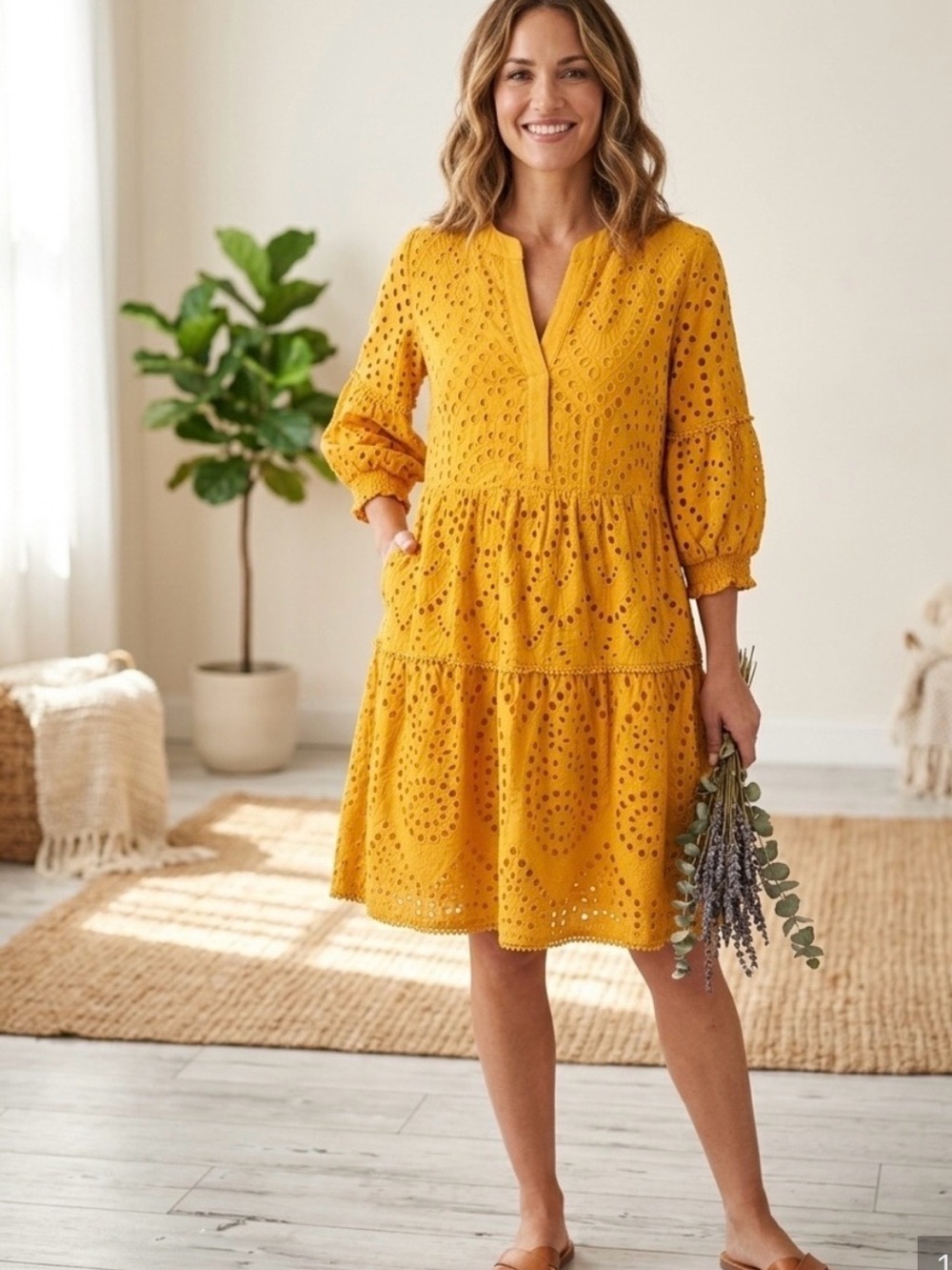 Chicos Sz 0 Eyelet Tiered Sundress in Mustard Yellow